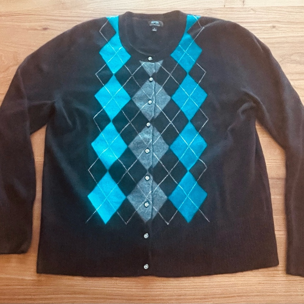 Apt. 9 Women's Black and Blue Argyle Cardigan